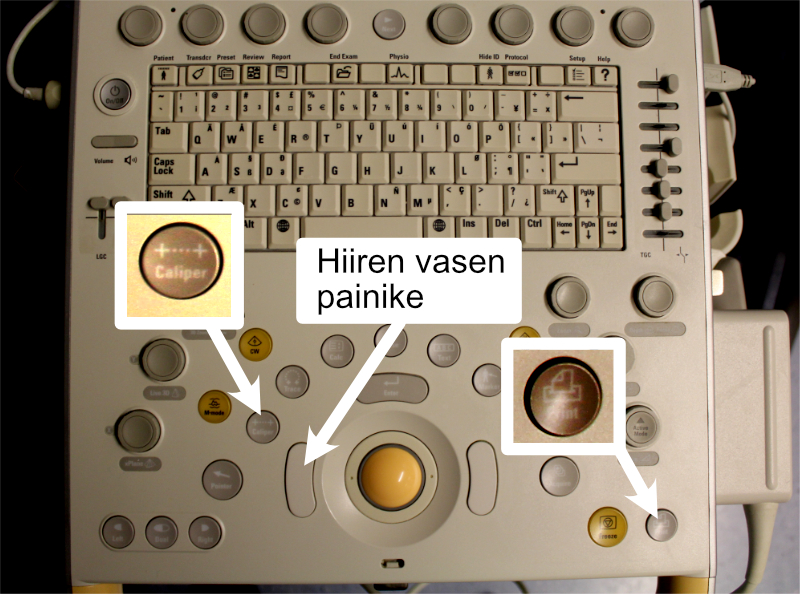 Caliper- ja Print-painikkeet sekä hiiren vasen painike.